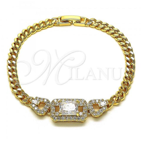 Oro Laminado Fancy Bracelet, Gold Filled Style Belt Buckle and Miami Cuban Design, with White Cubic Zirconia and White Micro Pave, Polished, Golden Finish, 03.283.0199.07