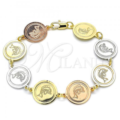 Oro Laminado Fancy Bracelet, Gold Filled Style Dolphin Design, Polished, Tricolor, 03.63.2043.07
