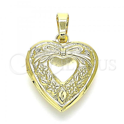 Oro Laminado Locket Pendant, Gold Filled Style Heart and Bow Design, Polished, Golden Finish, 05.117.0009