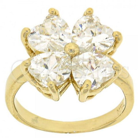 Oro Laminado Multi Stone Ring, Gold Filled Style Four-leaf Clover and Heart Design, with White Cubic Zirconia, Golden Finish, 5.169.010.09 (Size 9)
