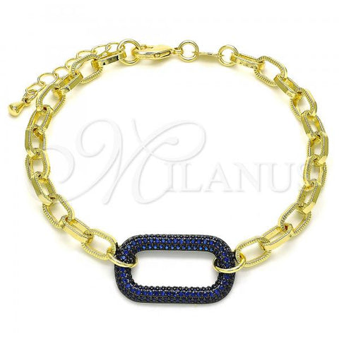 Oro Laminado Fancy Bracelet, Gold Filled Style Paperclip Design, with Sapphire Blue Micro Pave, Polished, Black Rhodium Finish, 03.341.0052.3.07