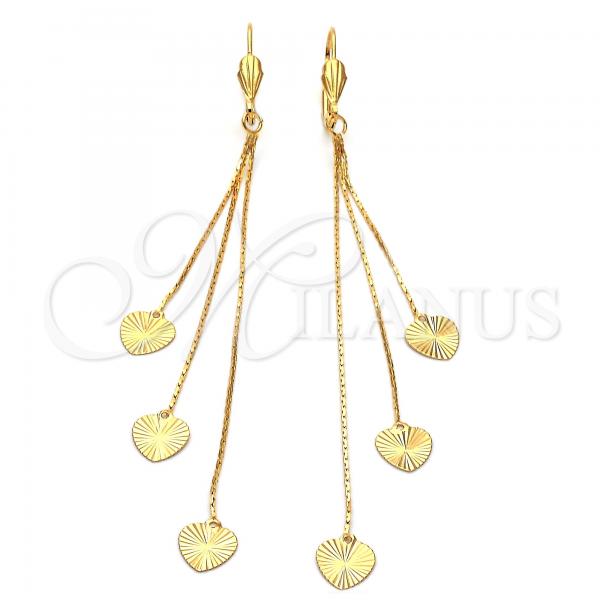 Oro Laminado Long Earring, Gold Filled Style Heart and Long Box Design, Diamond Cutting Finish, Golden Finish, 02.63.0627