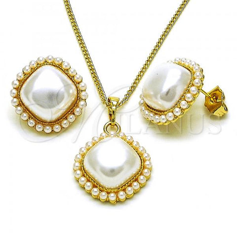 Oro Laminado Earring and Pendant Adult Set, Gold Filled Style with Ivory Pearl, Polished, Golden Finish, 10.379.0080