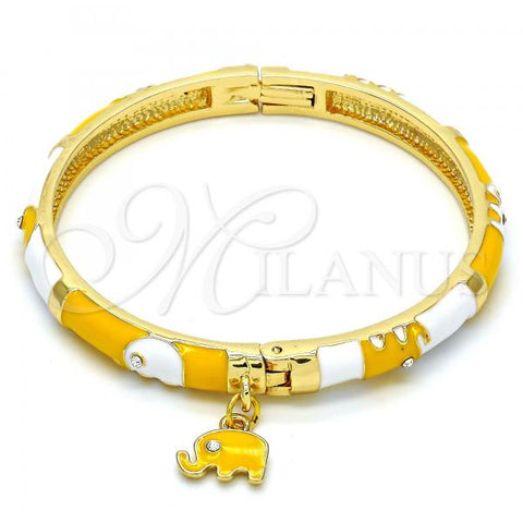 Oro Laminado Individual Bangle, Gold Filled Style Elephant Design, with White Crystal, Yellow Enamel Finish, Golden Finish, 07.254.0002.03 (06 MM Thickness, Size 3 - 2.00 Diameter)