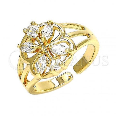 Oro Laminado Multi Stone Ring, Gold Filled Style Flower Design, with White Cubic Zirconia, Polished, Golden Finish, 01.210.0084.1 (One size fits all)