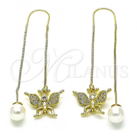 Oro Laminado Threader Earring, Gold Filled Style Butterfly Design, with White Micro Pave, Polished, Golden Finish, 02.210.0814