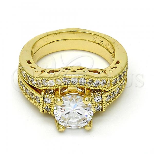 Oro Laminado Wedding Ring, Gold Filled Style Duo Design, with White Cubic Zirconia, Polished, Golden Finish, 01.99.0081.08 (Size 8)