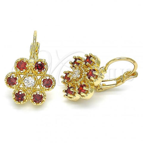 Oro Laminado Leverback Earring, Gold Filled Style with Garnet and White Cubic Zirconia, Polished, Golden Finish, 02.210.0215.2
