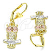 Oro Laminado Dangle Earring, Gold Filled Style Owl Design, Polished, Tricolor, 02.351.0003