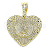 Oro Laminado Fancy Pendant, Gold Filled Style Heart and Guadalupe Design, Diamond Cutting Finish, Golden Finish, 05.351.0081