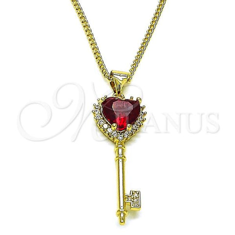 Oro Laminado Pendant Necklace, Gold Filled Style key and Heart Design, with Garnet and White Cubic Zirconia, Polished, Golden Finish, 04.213.0305.18