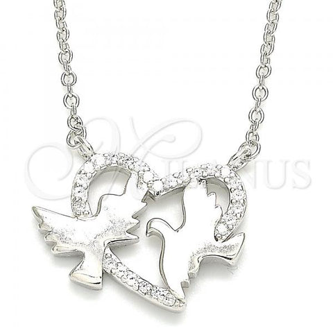 Sterling Silver Pendant Necklace, Bird and Heart Design, with White Micro Pave, Polished, Rhodium Finish, 04.336.0183.16