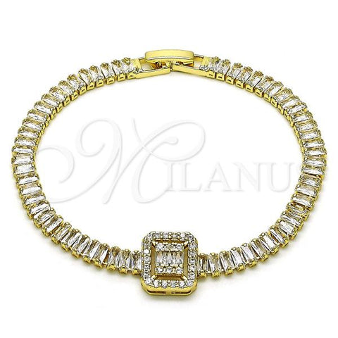 Oro Laminado Tennis Bracelet, Gold Filled Style Baguette and Cluster Design, with White Cubic Zirconia and White Micro Pave, Polished, Golden Finish, 03.283.0389.07