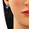 Oro Laminado Stud Earring, Gold Filled Style Butterfly Design, with White Micro Pave, Blue Enamel Finish, Golden Finish, 02.213.0178