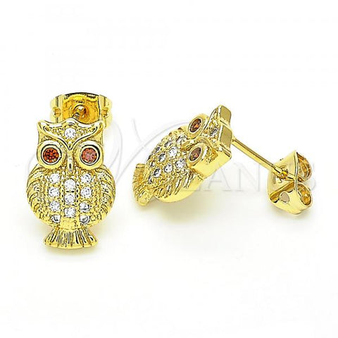 Oro Laminado Stud Earring, Gold Filled Style Owl Design, with Garnet and White Cubic Zirconia, Polished, Golden Finish, 02.342.0065