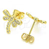 Oro Laminado Stud Earring, Gold Filled Style Dragon-Fly Design, with White Micro Pave, Polished, Golden Finish, 02.156.0396