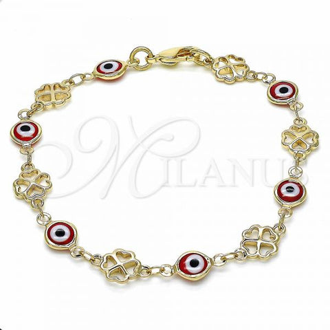 Oro Laminado Fancy Bracelet, Gold Filled Style Evil Eye and Four-leaf Clover Design, Red Resin Finish, Golden Finish, 03.326.0011.1.08