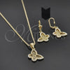 Oro Laminado Necklace and Earring, Gold Filled Style Butterfly and Filigree Design, with White Crystal, Polished, Golden Finish, 06.91.0019