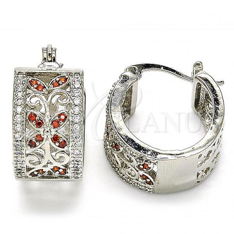 Rhodium Plated Small Hoop, Flower and Leaf Design, with Garnet and White Cubic Zirconia, Polished, Rhodium Finish, 02.210.0293.4.20