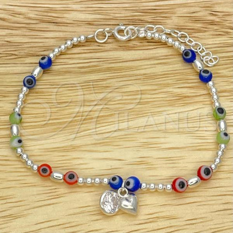 Sterling Silver Adjustable Bolo Bracelet, Ball and Evil Eye Design, with White Cubic Zirconia and Orange Red Crystal, Polished, Silver Finish, 03.402.0030.07