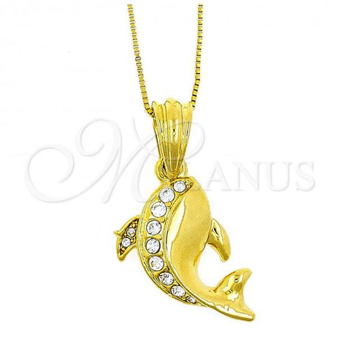 Oro Laminado Pendant Necklace, Gold Filled Style Dolphin Design, with White Crystal, Polished, Golden Finish, 04.118.0085.18
