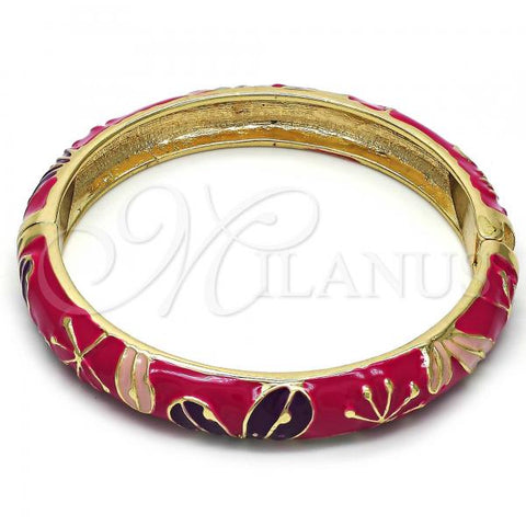 Oro Laminado Individual Bangle, Gold Filled Style Flower Design, Dark Pink Enamel Finish, Golden Finish, 07.246.0008.2.05 (10 MM Thickness, Size 5 - 2.50 Diameter)