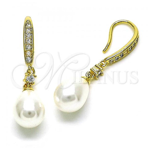 Oro Laminado Long Earring, Gold Filled Style Teardrop Design, with Ivory Pearl and White Cubic Zirconia, Polished, Golden Finish, 02.387.0111