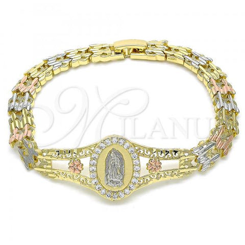 Oro Laminado Fancy Bracelet, Gold Filled Style Guadalupe and Flower Design, with White Micro Pave, Diamond Cutting Finish, Tricolor, 03.380.0101.1.07