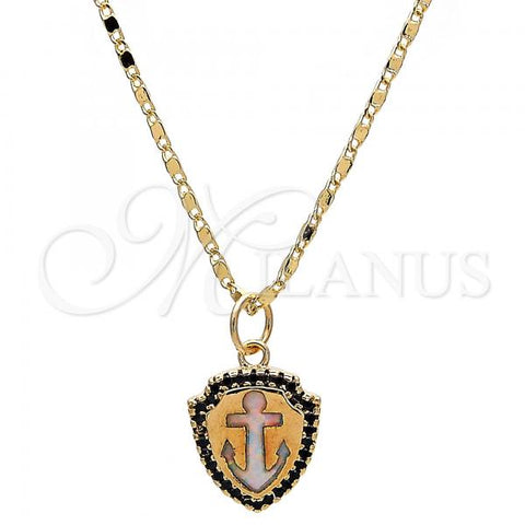 Oro Laminado Pendant Necklace, Gold Filled Style Anchor Design, with White Opal and Black Micro Pave, Polished, Golden Finish, 04.63.1326.3.18
