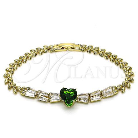 Oro Laminado Fancy Bracelet, Gold Filled Style Heart and Baguette Design, with Green and White Cubic Zirconia, Polished, Golden Finish, 03.283.0304.2.07