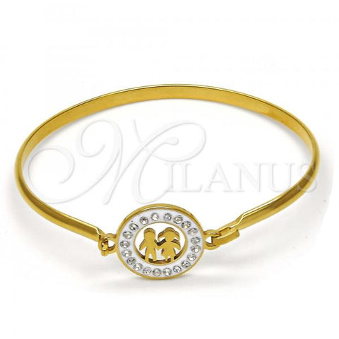 Stainless Steel Individual Bangle, Little Girl and Little Boy Design, with White Crystal, Polished, Golden Finish, 07.110.0008.04 (04 MM Thickness, Size 4 - 2.25 Diameter)