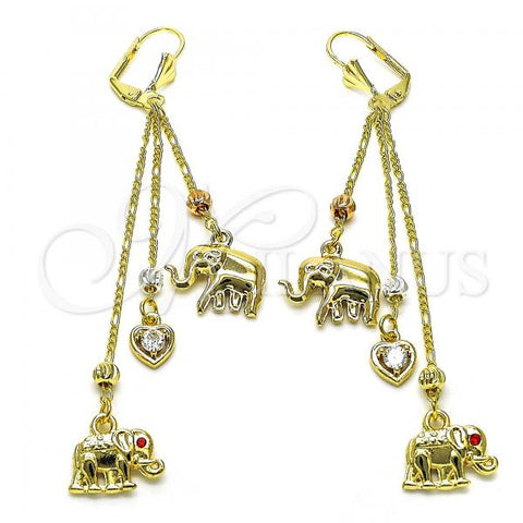 Oro Laminado Long Earring, Gold Filled Style Elephant and Heart Design, with White Cubic Zirconia and Garnet Crystal, Polished, Tricolor, 02.253.0038