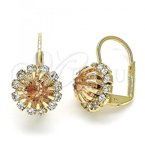 Oro Laminado Leverback Earring, Gold Filled Style Flower Design, with Golden and White Cubic Zirconia, Polished, Golden Finish, 5.125.006.3