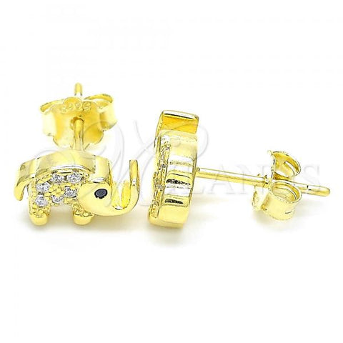 Sterling Silver Stud Earring, Elephant Design, with Black Cubic Zirconia and White Crystal, Polished, Golden Finish, 02.336.0066.2