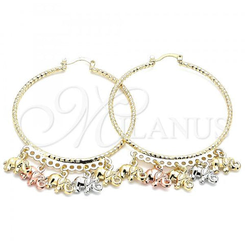 Oro Laminado Large Hoop, Gold Filled Style Elephant Design, Diamond Cutting Finish, Tricolor, 02.380.0016.50