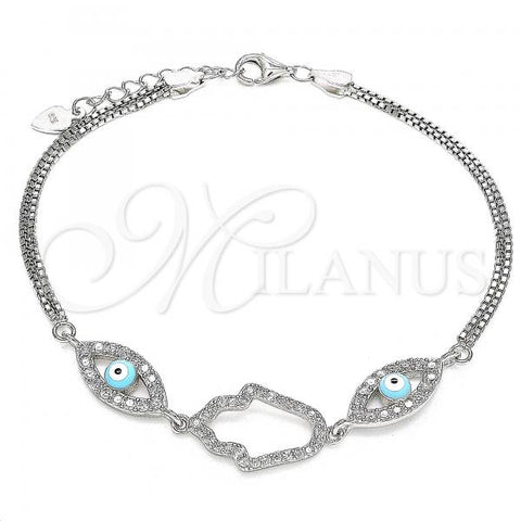 Sterling Silver Fancy Bracelet, Hand of God and Evil Eye Design, with White Cubic Zirconia, Turquoise Enamel Finish, Rhodium Finish, 03.286.0030.07