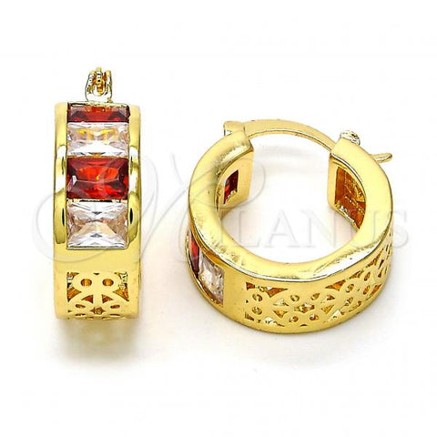 Oro Laminado Small Hoop, Gold Filled Style with Garnet and White Cubic Zirconia, Polished, Golden Finish, 02.185.0001.4.20