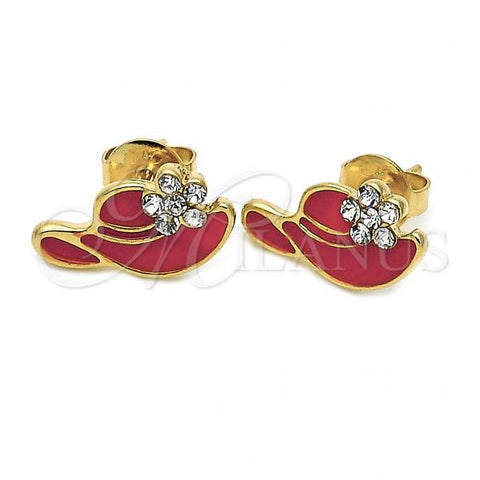 Oro Laminado Stud Earring, Gold Filled Style Hat and Flower Design, with White Crystal, Red Enamel Finish, Golden Finish, 02.64.0281 *PROMO*