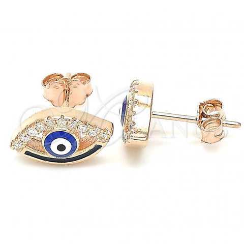 Sterling Silver Stud Earring, Evil Eye Design, Blue Enamel Finish, Rose Gold Finish, 02.336.0166.1