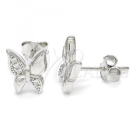 Sterling Silver Stud Earring, Butterfly Design, with White Micro Pave, Polished, Rhodium Finish, 02.336.0067