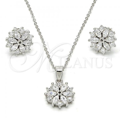 Sterling Silver Earring and Pendant Adult Set, Flower Design, with White Cubic Zirconia, Polished, Rhodium Finish, 10.174.0026