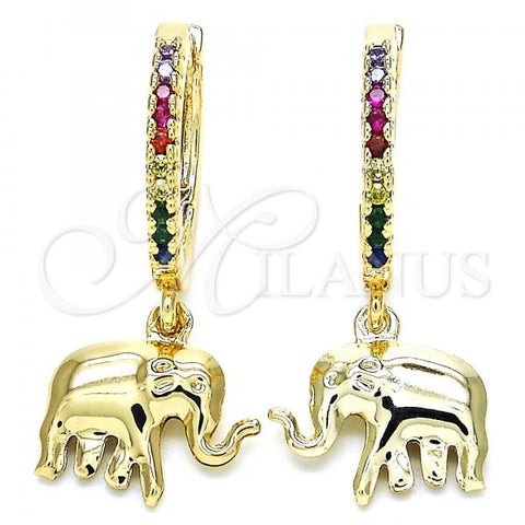 Oro Laminado Huggie Hoop, Gold Filled Style Elephant Design, with Multicolor Cubic Zirconia, Polished, Golden Finish, 02.63.2669.3.20