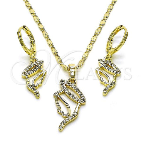 Oro Laminado Earring and Pendant Adult Set, Gold Filled Style Little Girl Design, with White Micro Pave, Polished, Golden Finish, 10.196.0156