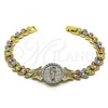 Oro Laminado Fancy Bracelet, Gold Filled Style San Judas and Flower Design, with White Micro Pave, Diamond Cutting Finish, Tricolor, 03.253.0081.08