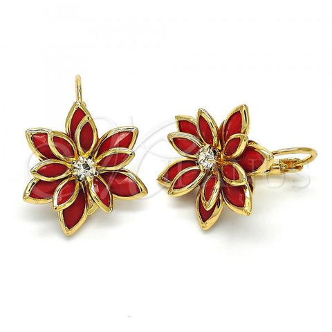 Oro Laminado Leverback Earring, Gold Filled Style Flower Design, with Garnet and White Crystal, Polished, Golden Finish, 02.64.0638.2