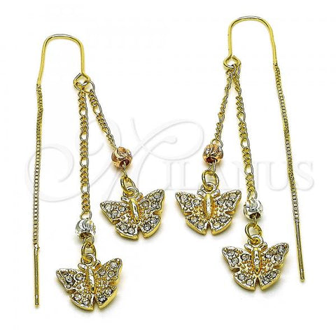 Oro Laminado Threader Earring, Gold Filled Style Butterfly Design, with White Crystal, Polished, Tricolor, 02.253.0058