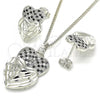 Rhodium Plated Earring and Pendant Adult Set, Heart Design, with Black and White Cubic Zirconia, Diamond Cutting Finish, Rhodium Finish, 10.233.0040.5