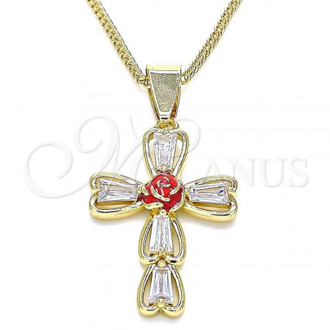 Oro Laminado Pendant Necklace, Gold Filled Style Cross and Flower Design, with White Cubic Zirconia, Red Enamel Finish, Golden Finish, 04.380.0013.20