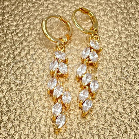 Oro Laminado Long Earring, Gold Filled Style Leaf Design, with White Cubic Zirconia, Polished, Golden Finish, 02.217.0014