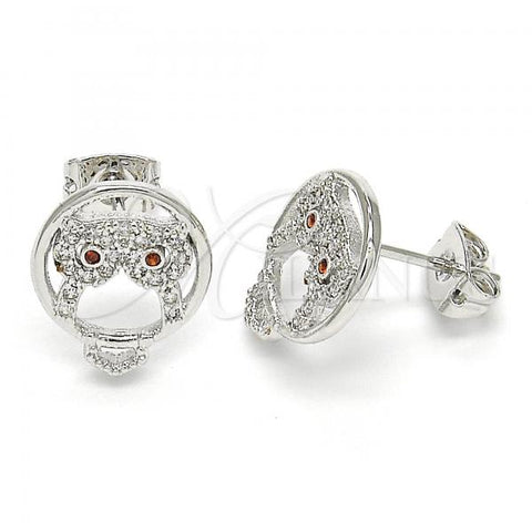 Rhodium Plated Stud Earring, Owl Design, with Garnet and White Cubic Zirconia, Polished, Rhodium Finish, 02.156.0294.1